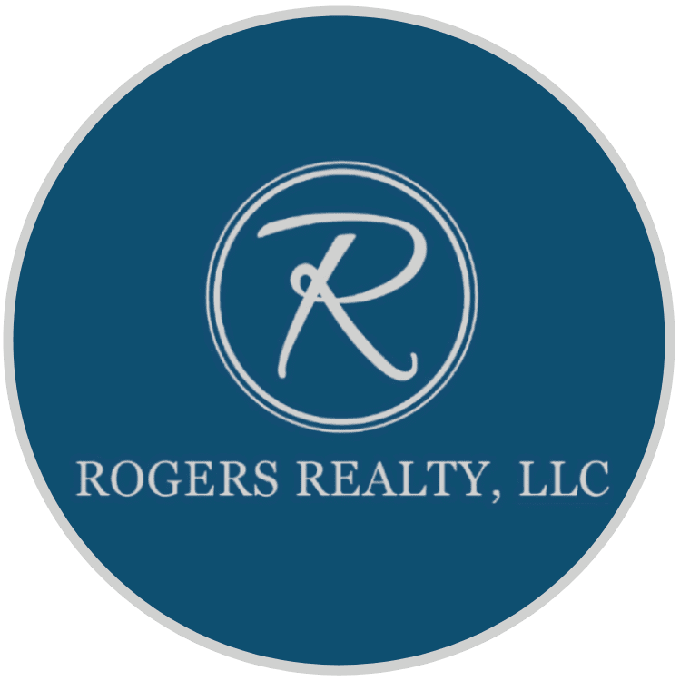 A blue circle with the words rogers realty, llc in it.